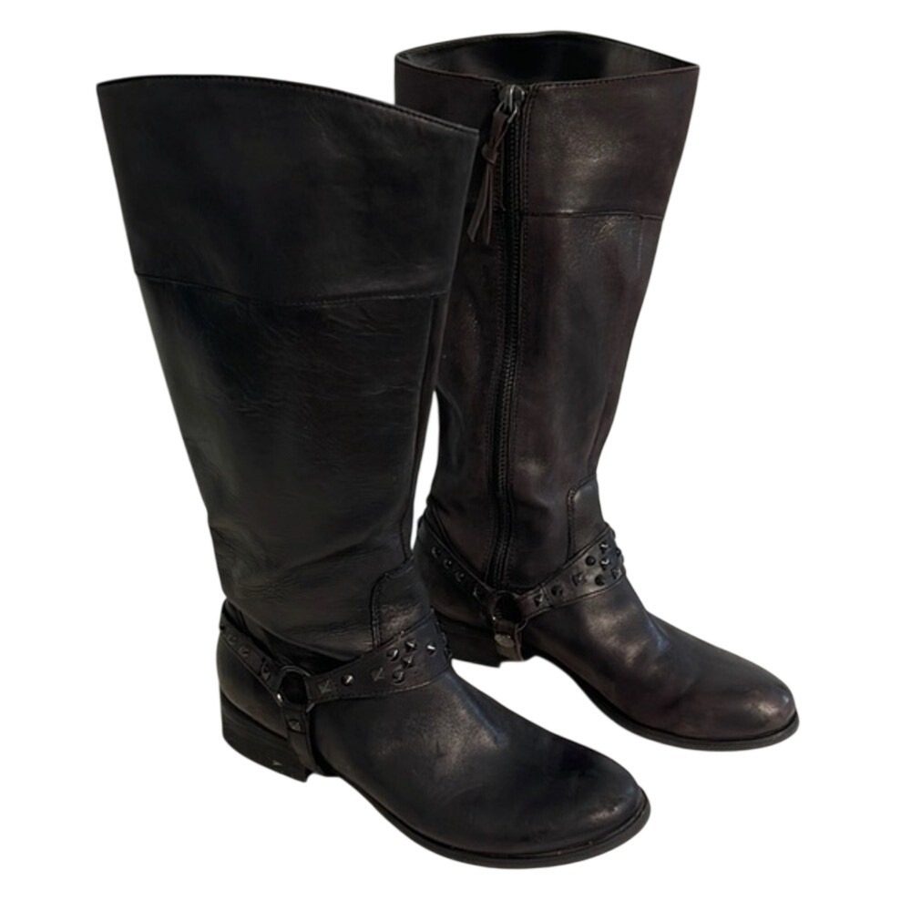 Distressed Black Leather Harness Boots Studded Moto Tall Side Zip Women Boots